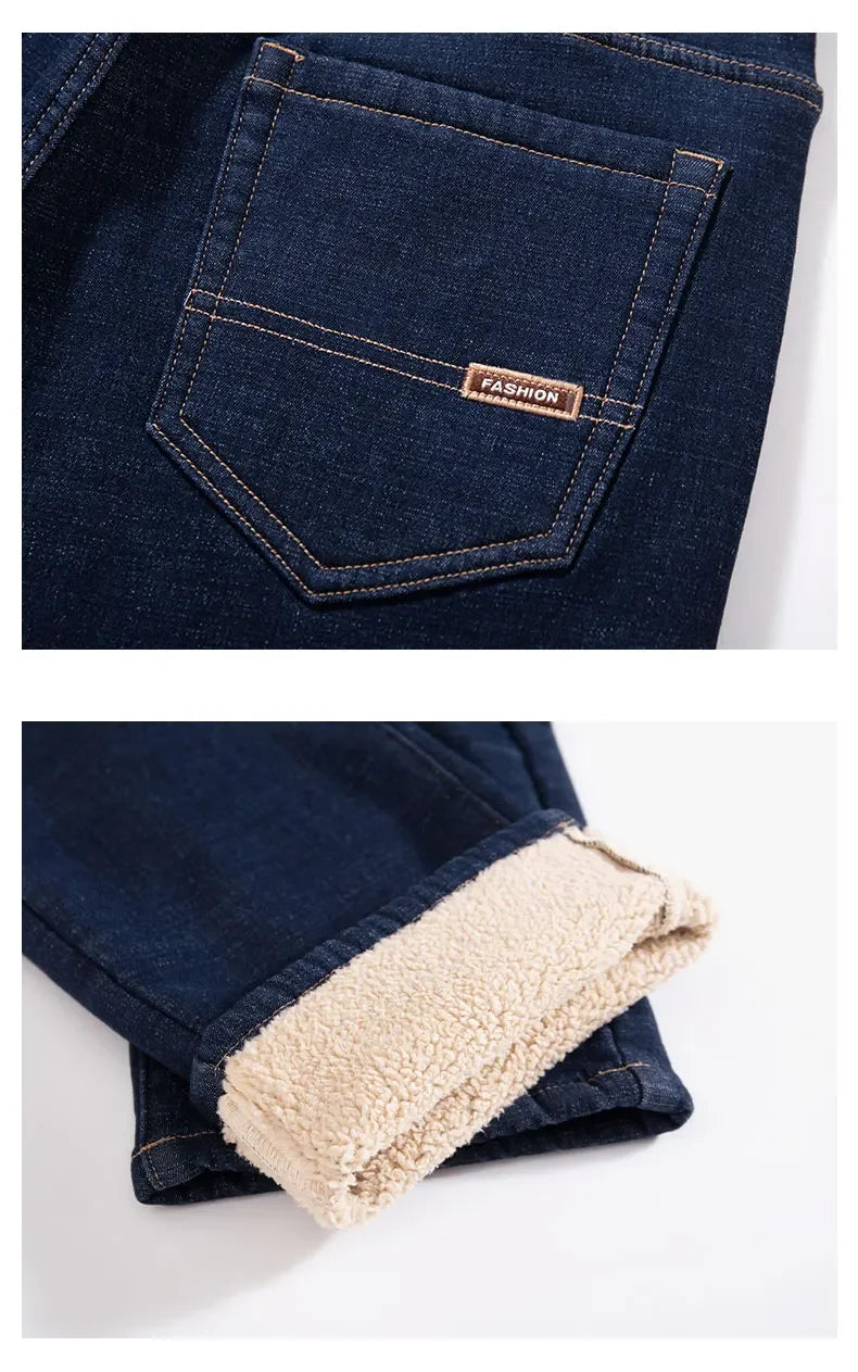 Plus Size 44 46 Casual Sherpa Warm Jeans Men Winter Velvet Thick Trousers Loose Straight Business Classic Fleece Denim Pants