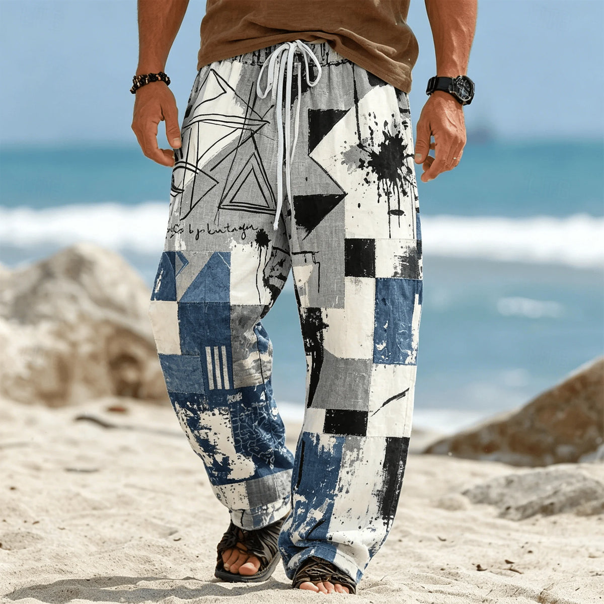 Men's Ethnic Tribal Patchwork Print Drawstring Pants, Casual Boho Trousers for Summer Beach & Vacation