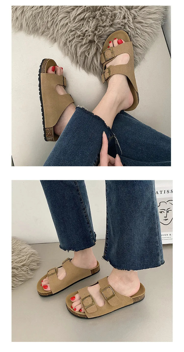 Comwarm Classic Cork Slippers For Women New Fashion Suede Flats Sandals Summer Couple Beach Slides Shoes With Adjustable Buckle