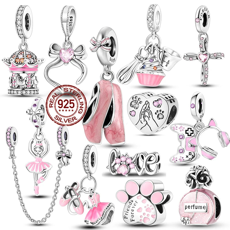 925 Sterling Silver Pink Ballet Girl Bow Pendant Charm Bead for Women – Elegant DIY Jewelry Making Charm for Bracelets & Necklaces
