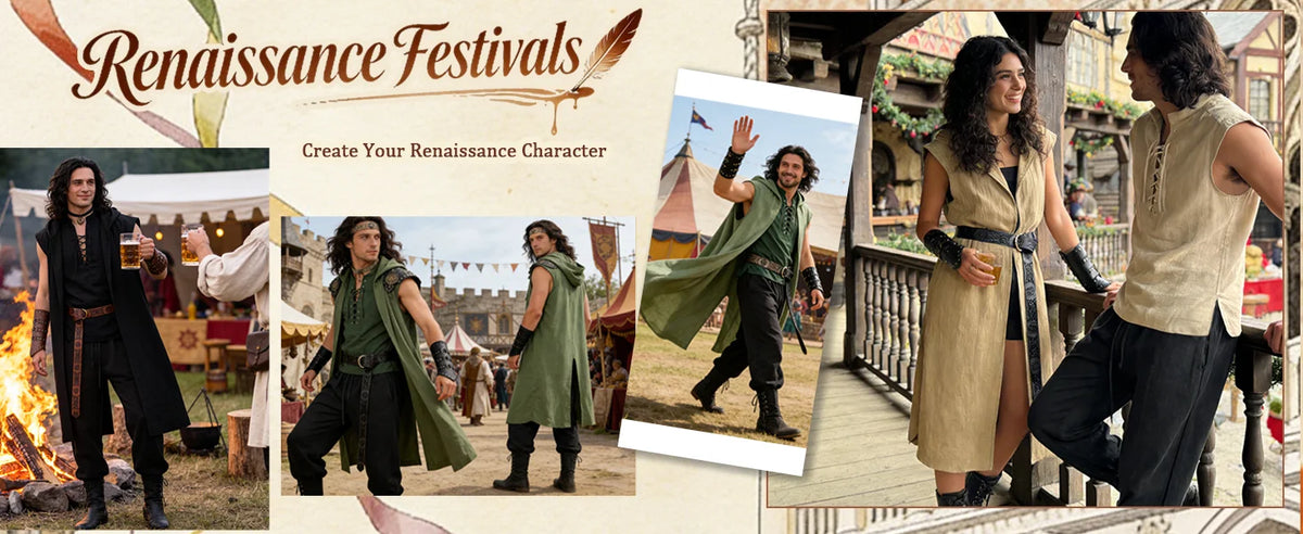 Verceco Men’s Renaissance Costume Set – Medieval/Renaissance Costume for Men with Hooded Surcoat Leather Belt & Bracers