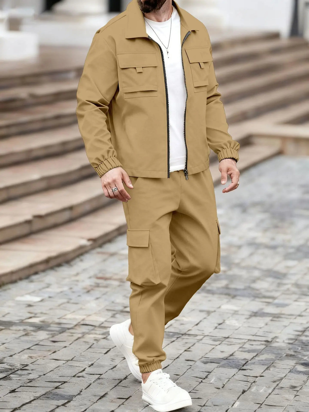 The men's stylish zipper coat and long pants set combines the elements of tactical casual style and sportswear collection-F15