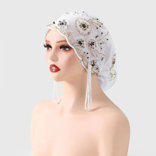 Women’s Luxury Pearl & Lace Embroidered Hijab Hat