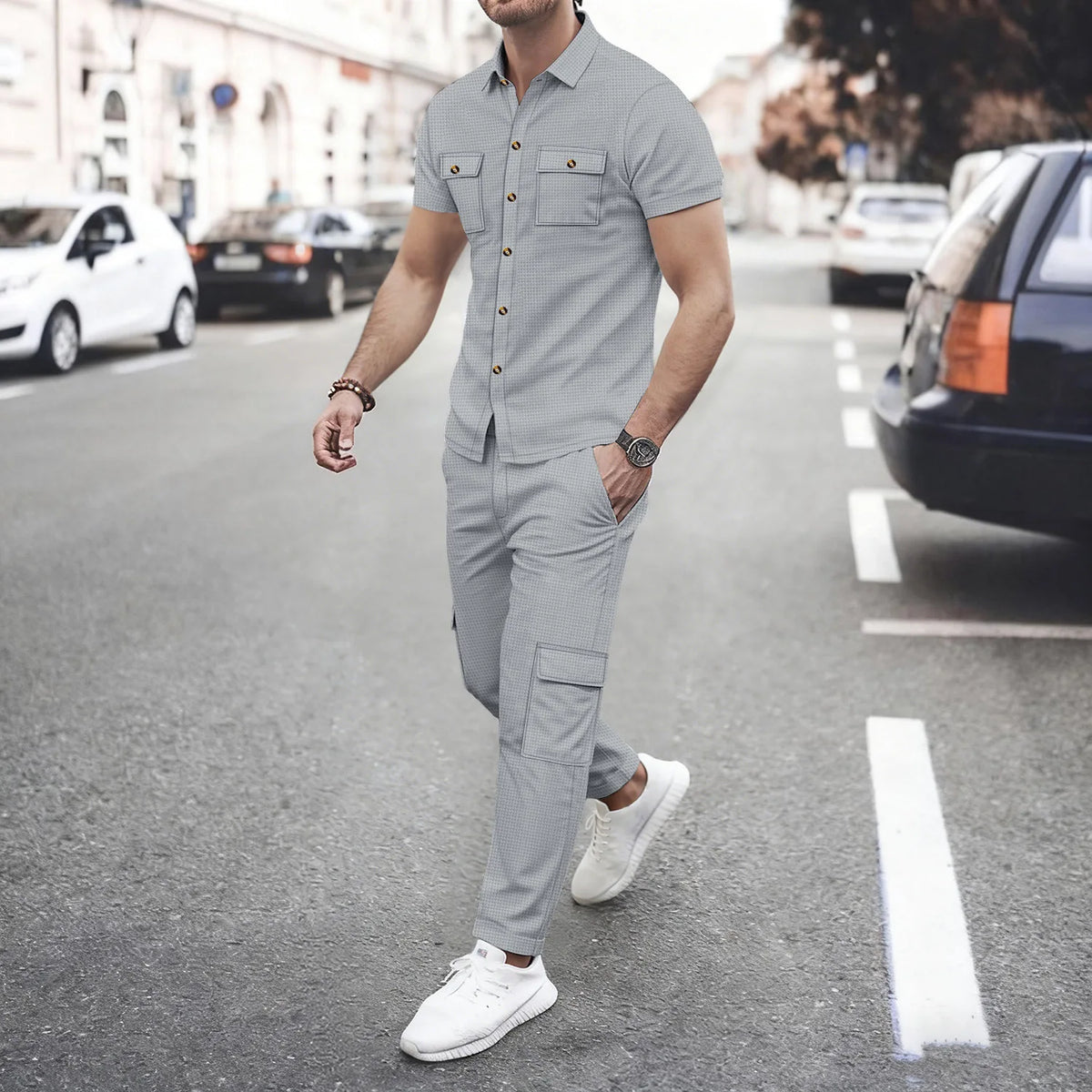Men's Matching Sets: Waffle Knit 2PC Outfit & Light Coats, Short Sleeve Cargo Shirt & Drawstring Multi-Pkt Pants for Daily