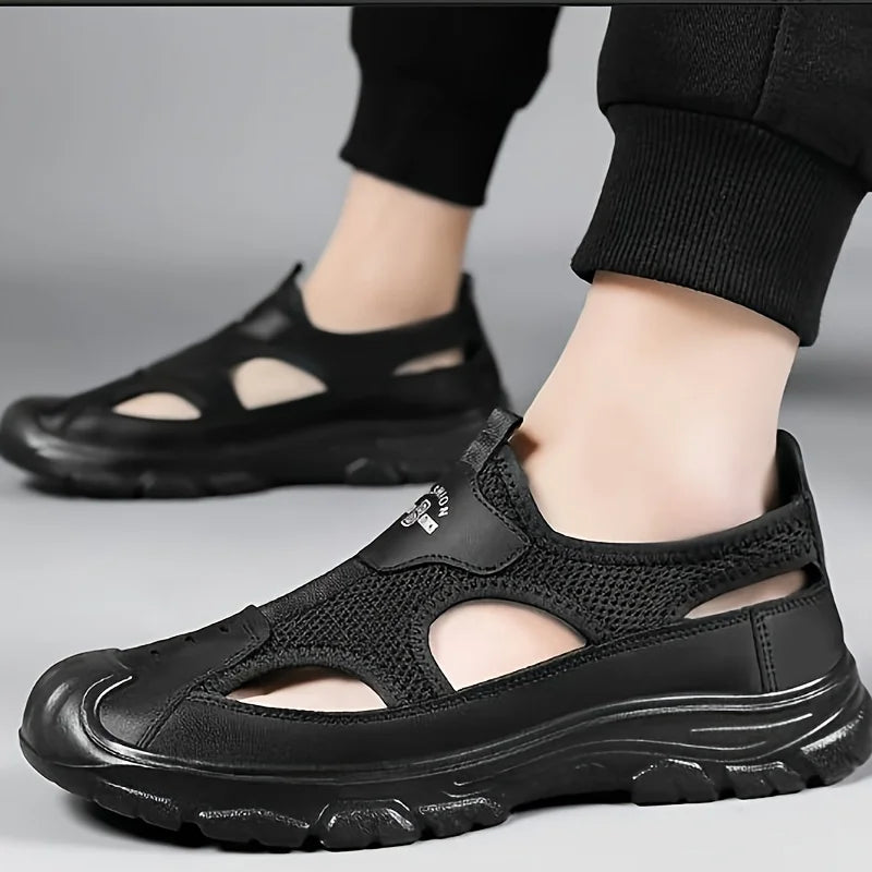 Men Closed Toe Hiking Sandals 2026 New Breathable Mesh Leather Slip On Outdoor Water Shoes Non Slip Thick Sole Beach Walking Sandals Black Brown Two Color Comfort Casual Footwear For Driving Fishing Travel Camping Daily Summe