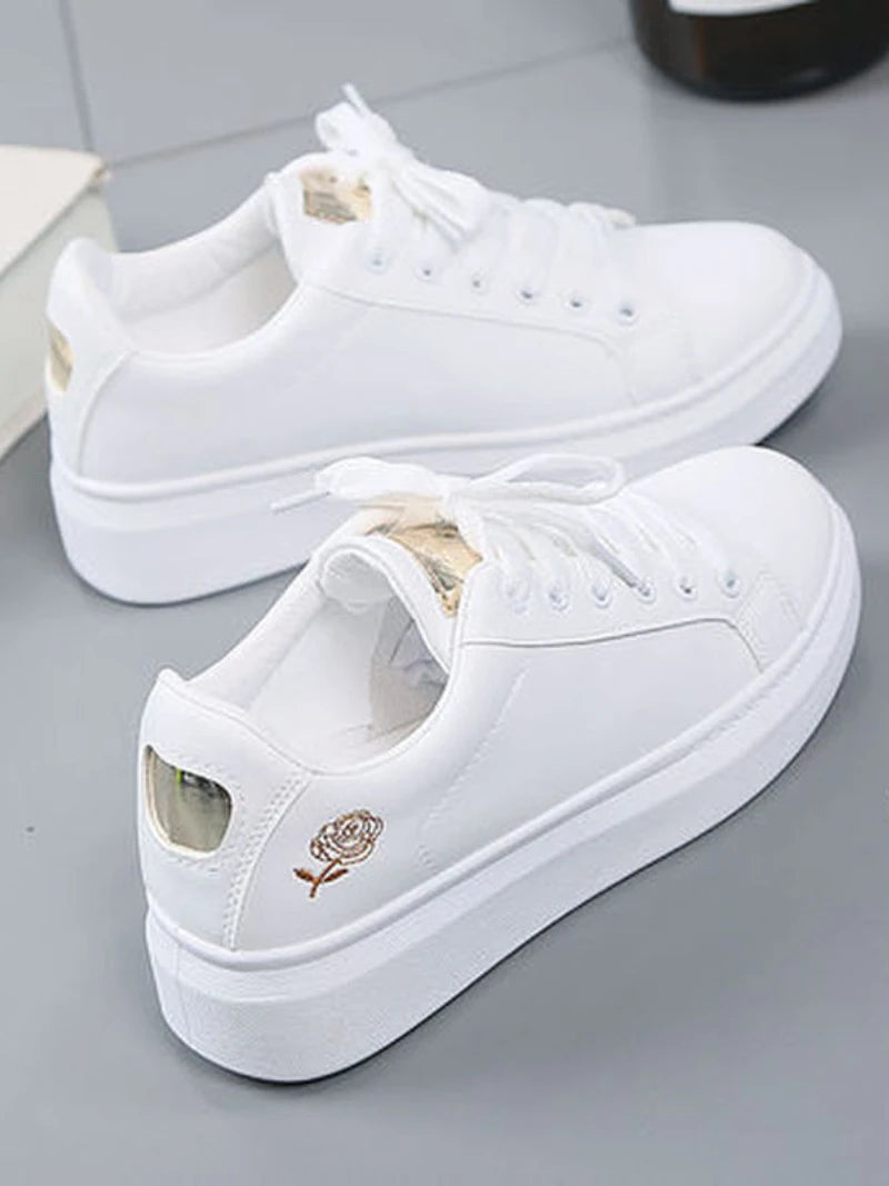 Women’s Floral Embroidered White Sneakers – Breathable PU Leather Lace-Up Casual Fashion Walking Shoes