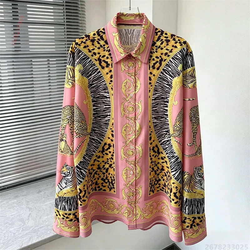 Men's shirt retro Baroque animal print shirt casual loose long sleeved shirt light luxury design sense men's top XS-6XL size