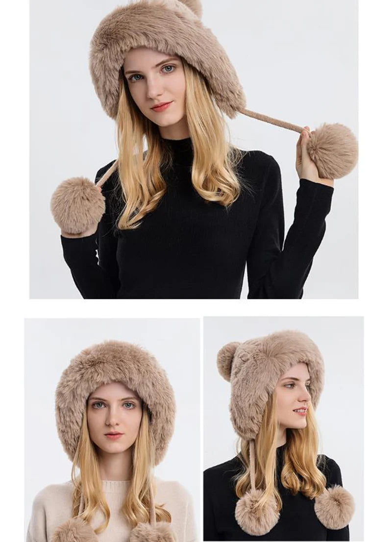Winter Hat For Women Hooded Face Mask Fluff Keep Warm Thicken Style Neck Scarf Hooded Cap Beanie Knitted Cashmere Neck Warmer