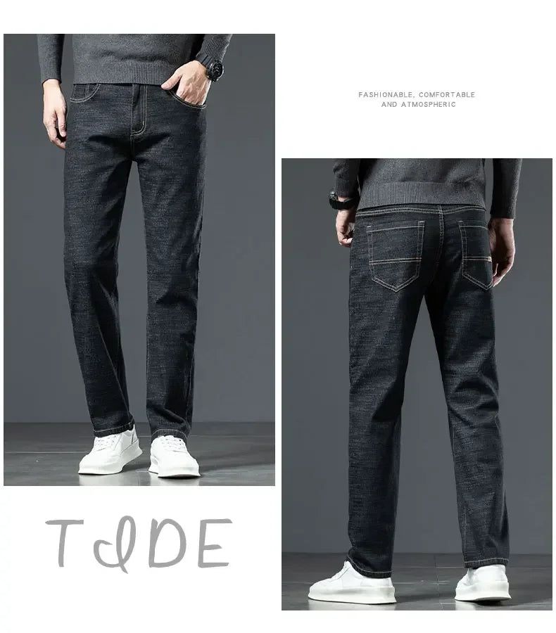 Plus Size 44 46 Casual Sherpa Warm Jeans Men Winter Velvet Thick Trousers Loose Straight Business Classic Fleece Denim Pants