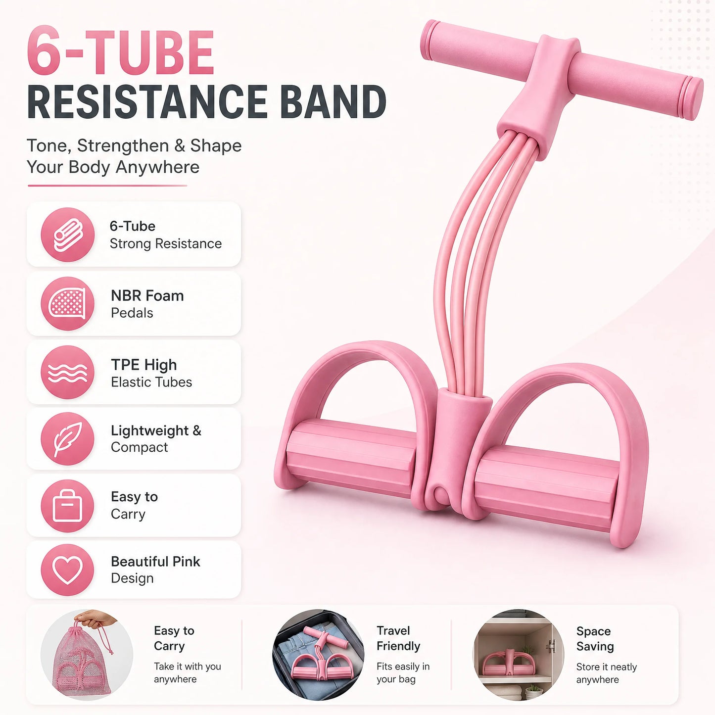 6-Tube Resistance Band Pedal Trainer – Sit-Up Assistant & Elastic Pull Rope for Full Body Home Gym, Leg, Arm & Waist Workouts
