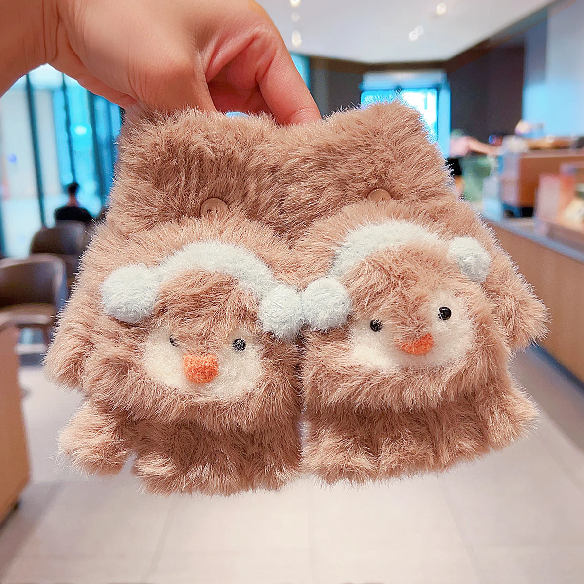 Cute Cartoon Animal Plush Flip Gloves Faux Mink Fur Convertible Half Finger Mittens Soft Warm Winter Gloves For Girls Boy Daily