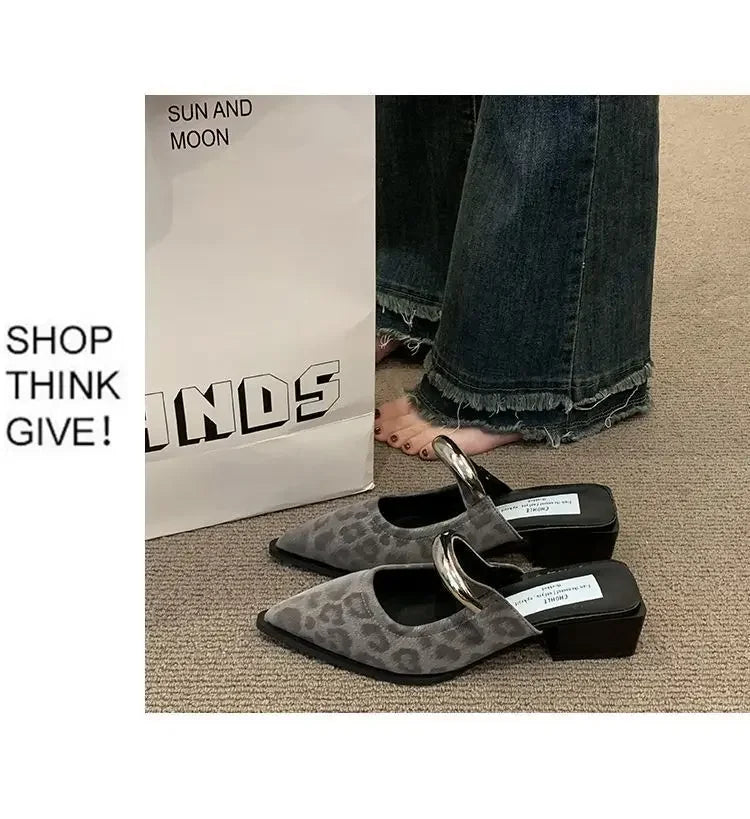 2026 New Women Cover Toe Mules Slippers Fashion Metal Decoration Thick Heel Slide Shoes Comfort Street Style Footwear