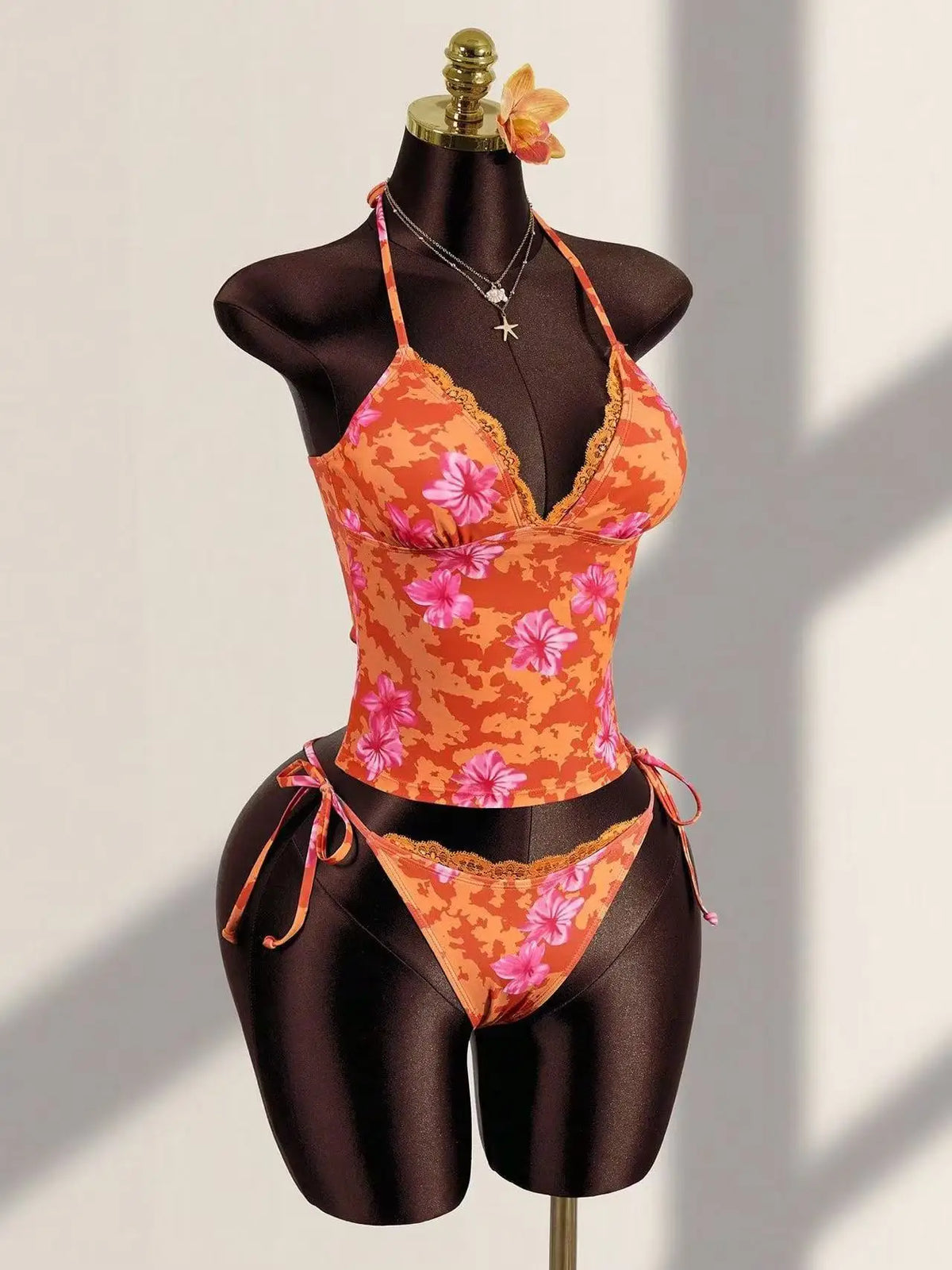 Women's Beach Vacation Swimsuit Orange Embellished Tropical Flower Print Lace Trim Halter Neck Tie Side 2 Piece Bikini Set 2026