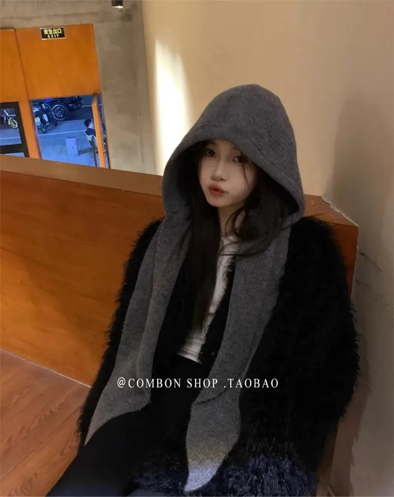 Oversize Hood Scarf Balaclava Hat Winter Ear Protection Windproof Warm Balaclava Hats Women Fashion Hat and Scarf Skullies Beani