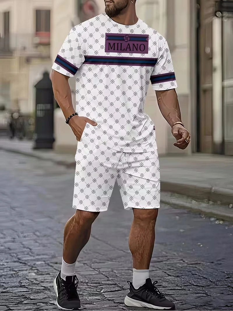 Summer Daily Comfortable Man's Clothing 2 Pieces Set for Man Matching Sets Stripe T-shirt and Shorts 2 Piece Set Men's Tracksuit