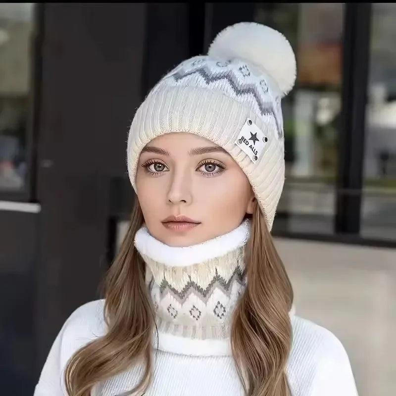 2PCS Winter Women Plush Velvet Hats Neck Warmer Hat Scarf Set Beanies Cycling Windproof Hat Outdoor Ear Protection Outdoor