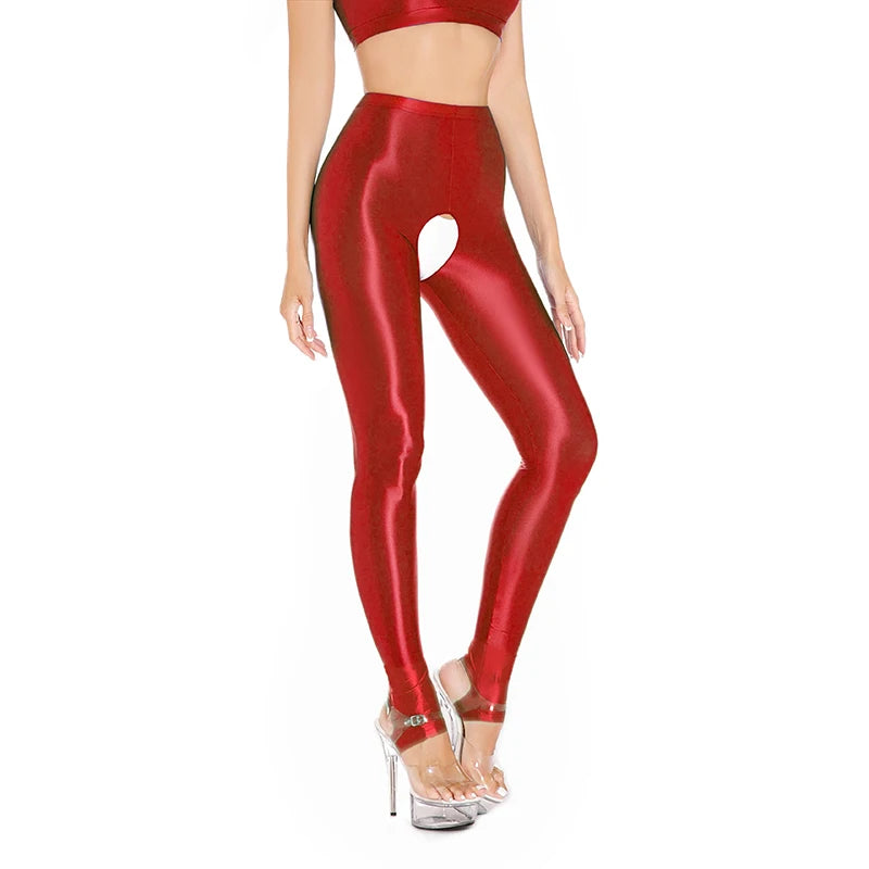 Womens Oil Glossy Open Crotch Leggings Sexy Crotchless Pants Elastic Waistband Stretchy Thigh Skinny Trouser for Yoga Nightwear