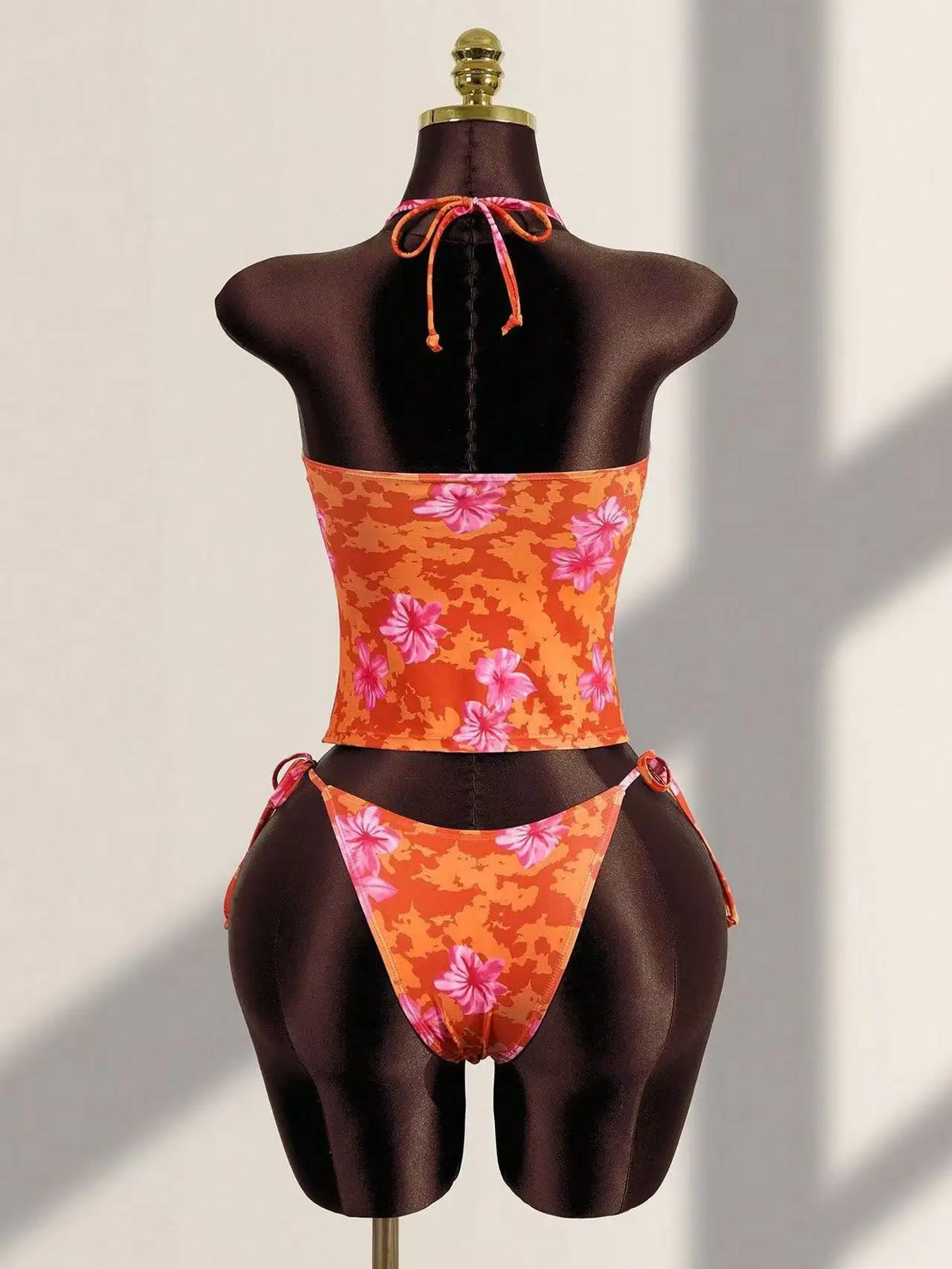 Women's Beach Vacation Swimsuit Orange Embellished Tropical Flower Print Lace Trim Halter Neck Tie Side 2 Piece Bikini Set 2026
