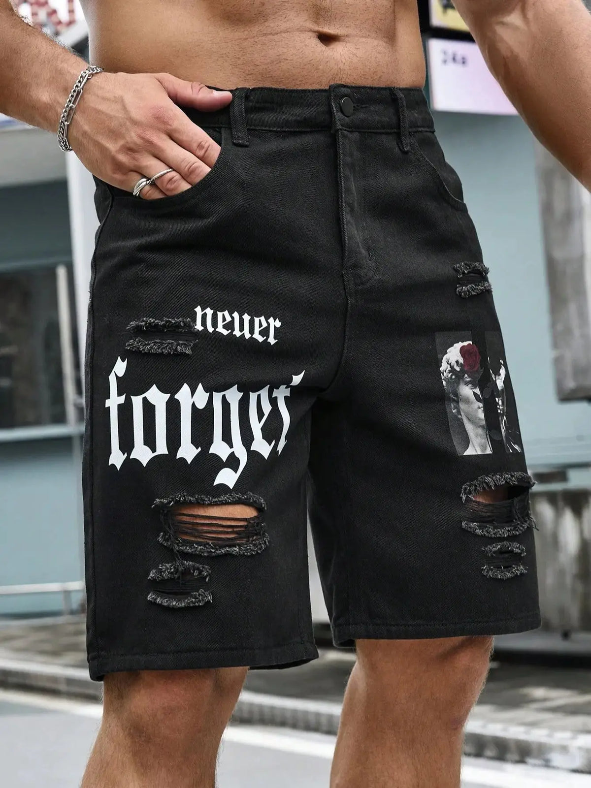 Men Summer Fashion Denim Shorts Jeans For Men Streetwear Letter Ripped Knee Length Baggy Comfort Cargo Casual Shorts Pants Jeans