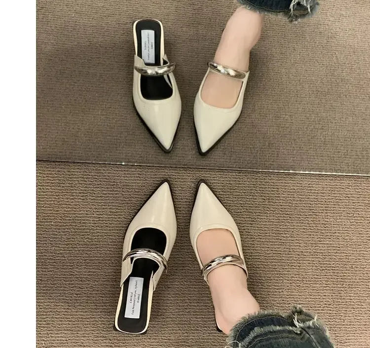 2026 New Women Cover Toe Mules Slippers Fashion Metal Decoration Thick Heel Slide Shoes Comfort Street Style Footwear
