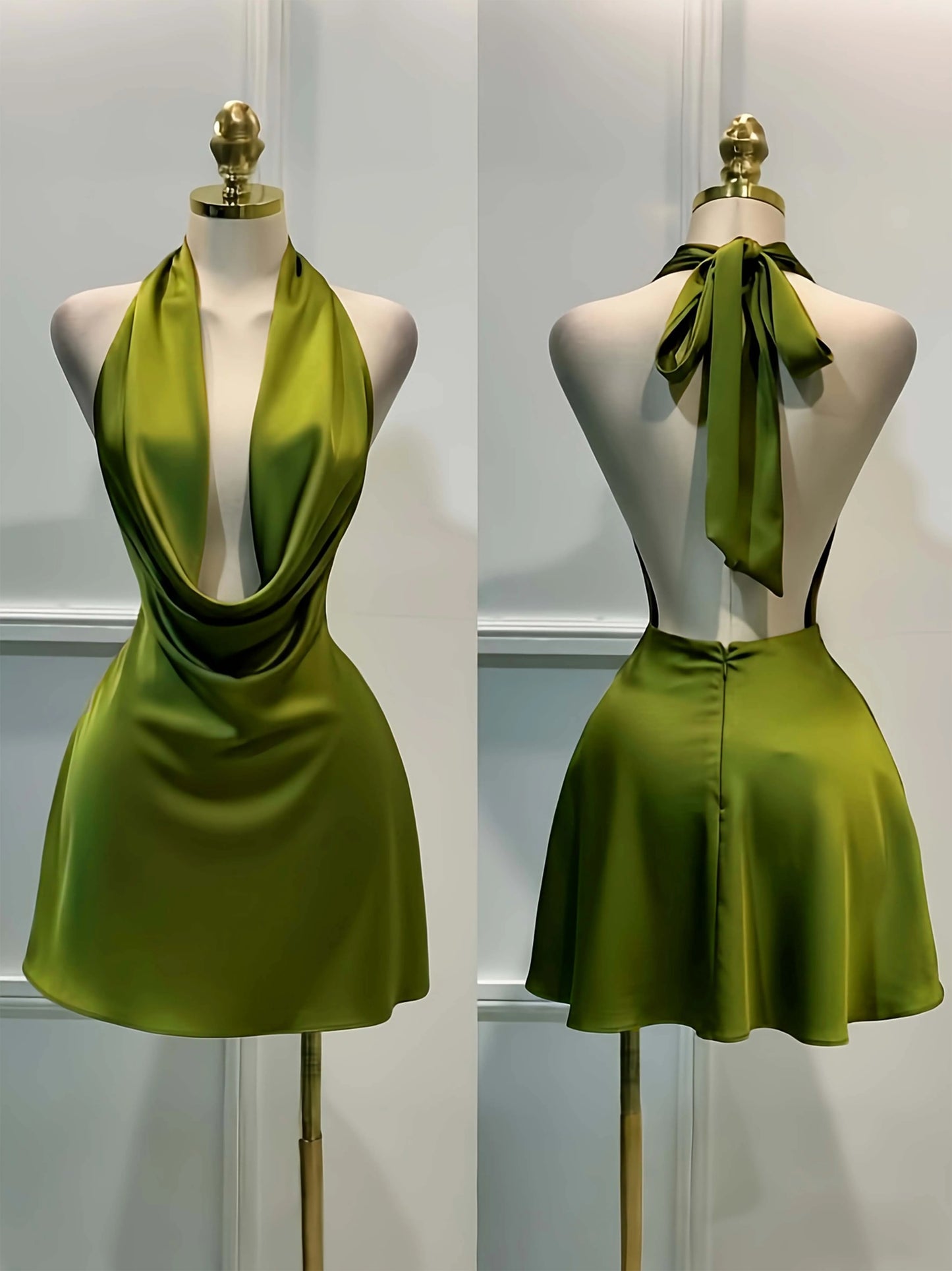 Women’s Elegant Solid Satin Midi Dress – Back Zipper Open Back Fitted Cocktail Party & Vacation Evening Gown