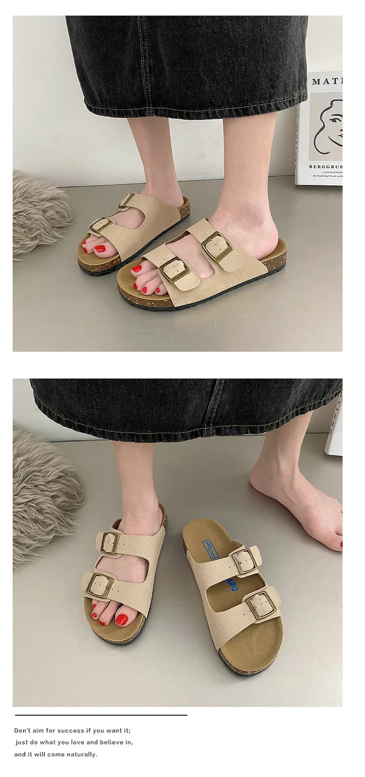 Litfun Classic Leather Cork Slippers Women Fashion Suede Flats Sandals Thick Footbed Cork Slides Unisex Outdoor Beach Slippers