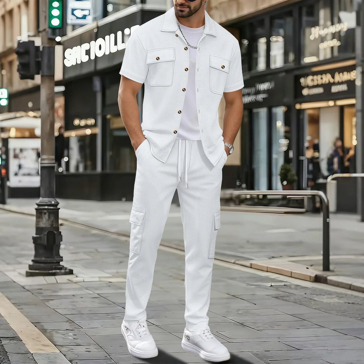 Men's Matching Sets: Waffle Knit 2PC Outfit & Light Coats, Short Sleeve Cargo Shirt & Drawstring Multi-Pkt Pants for Daily