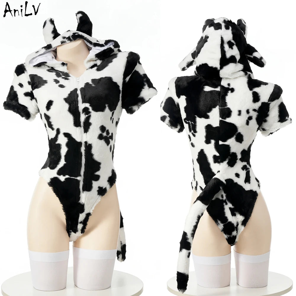 Women’s Kawaii Cow Maid Swimsuit Cosplay Set