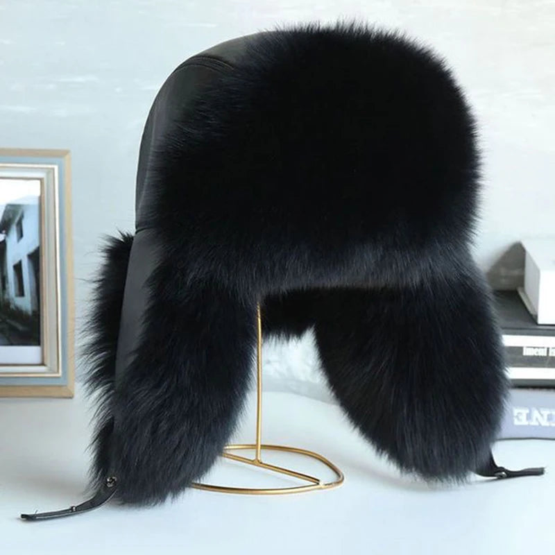 Natural Raccoon Fur Hat Women Black Fox Fur Russian Ushanka Hats Winter Warm Ears Bomber Cap