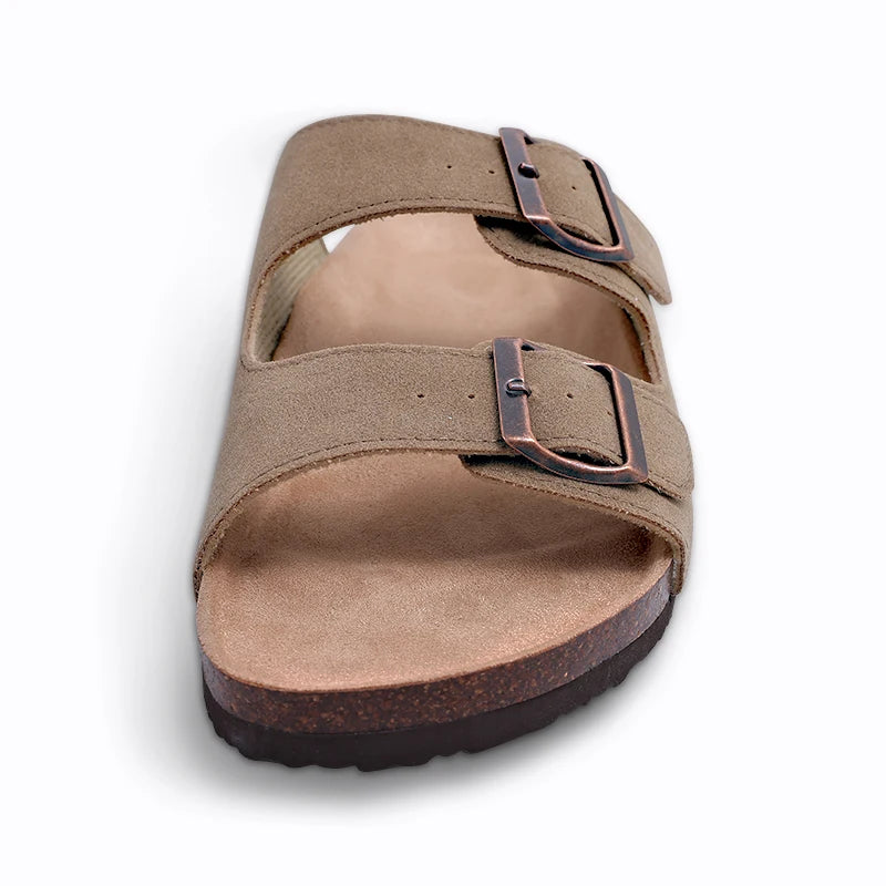 Litfun Classic Leather Cork Slippers Women Fashion Suede Flats Sandals Thick Footbed Cork Slides Unisex Outdoor Beach Slippers