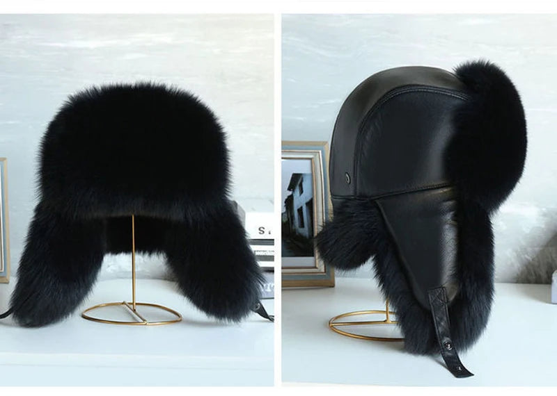 Natural Raccoon Fur Hat Women Black Fox Fur Russian Ushanka Hats Winter Warm Ears Bomber Cap