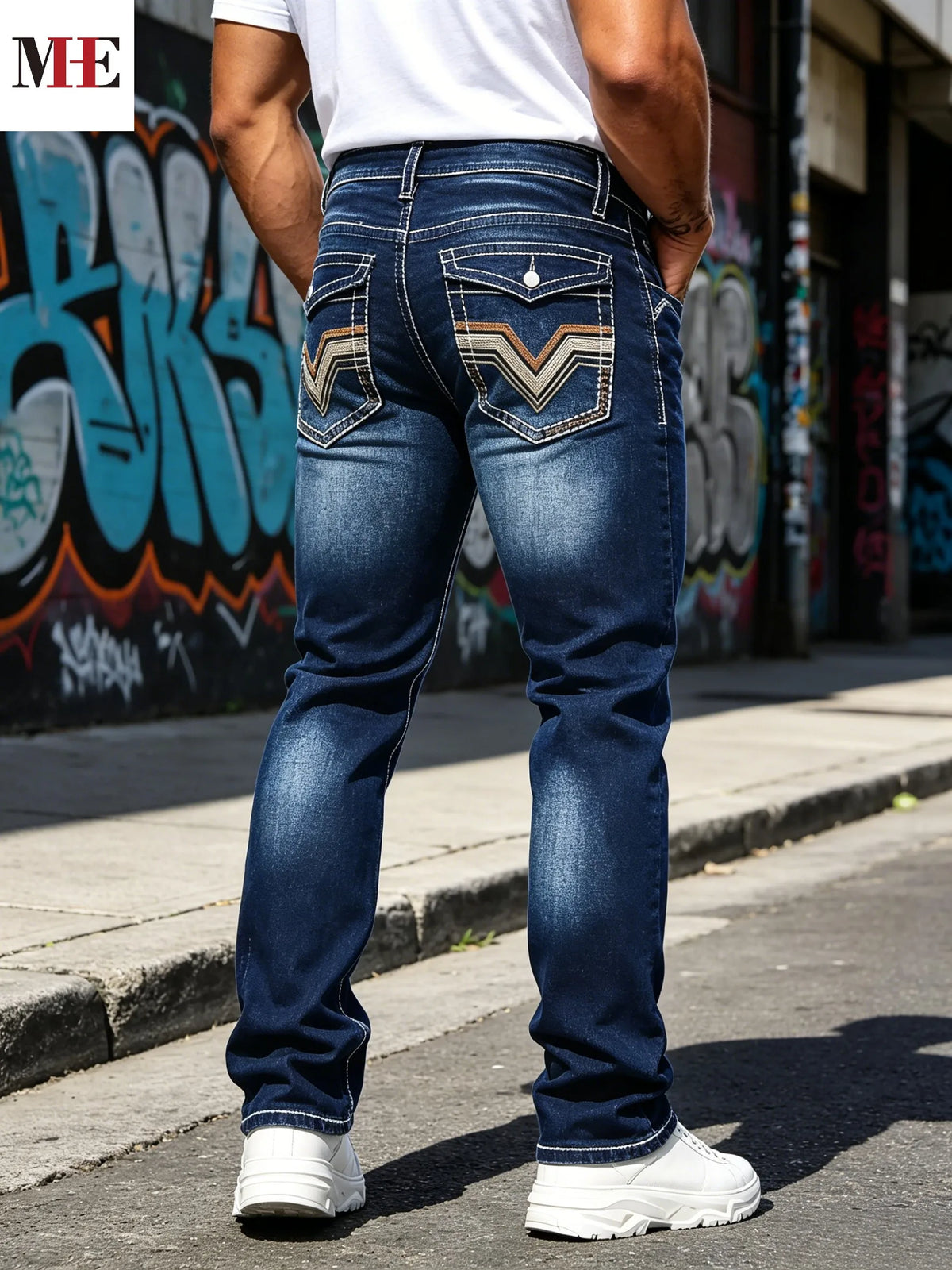 【HME】Men's jeans | Dark blue whisker wash slim bootcut denim pants with contrast white stitching and V layered embroidered back pockets, stretch soft fade-resistant western denim fabric, retro cowboy men's casual fashion