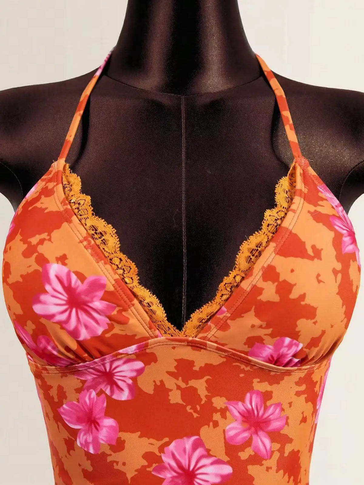 Women's Beach Vacation Swimsuit Orange Embellished Tropical Flower Print Lace Trim Halter Neck Tie Side 2 Piece Bikini Set 2026