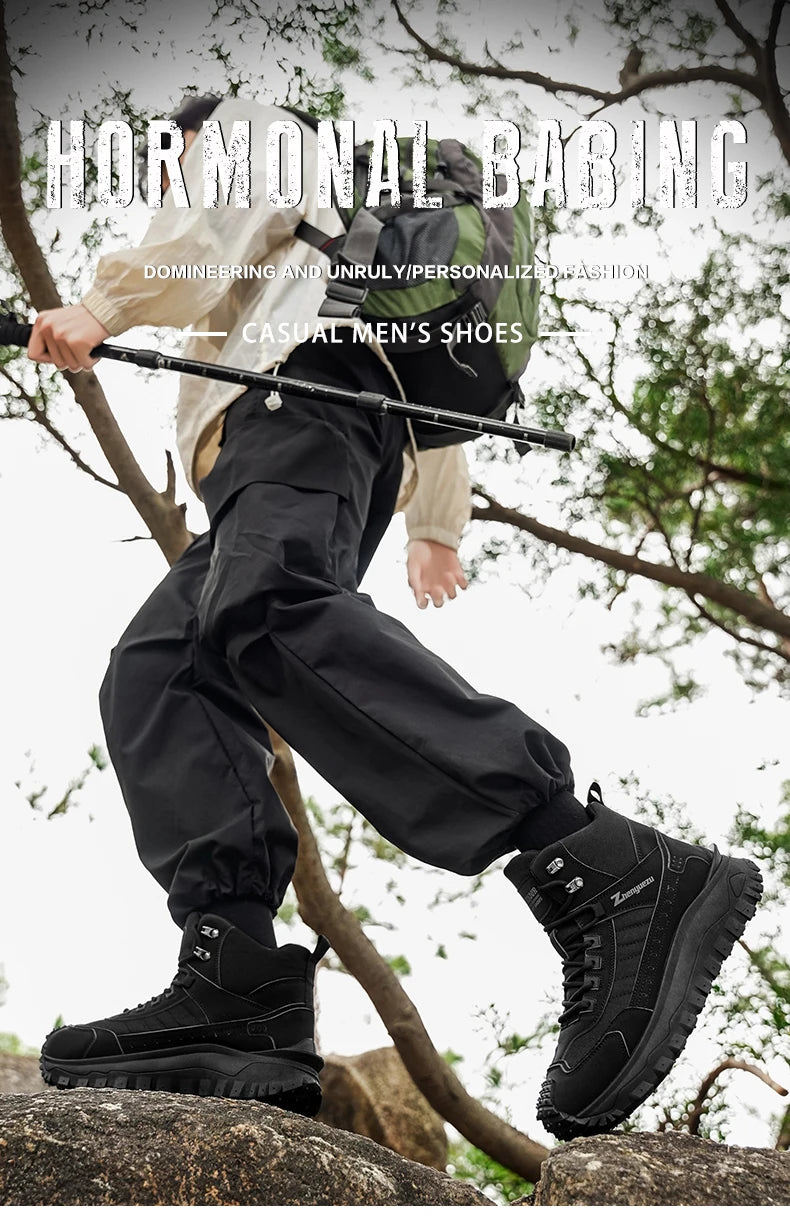 Men's Thick-Soled High-Top Boots, Non-Slip and Wear-Resistant, Suitable for Outdoor Hiking and Everyday Casual Wear