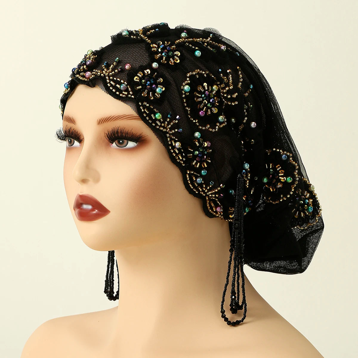 Women’s Luxury Pearl Embroidered Mesh Hijab Cap