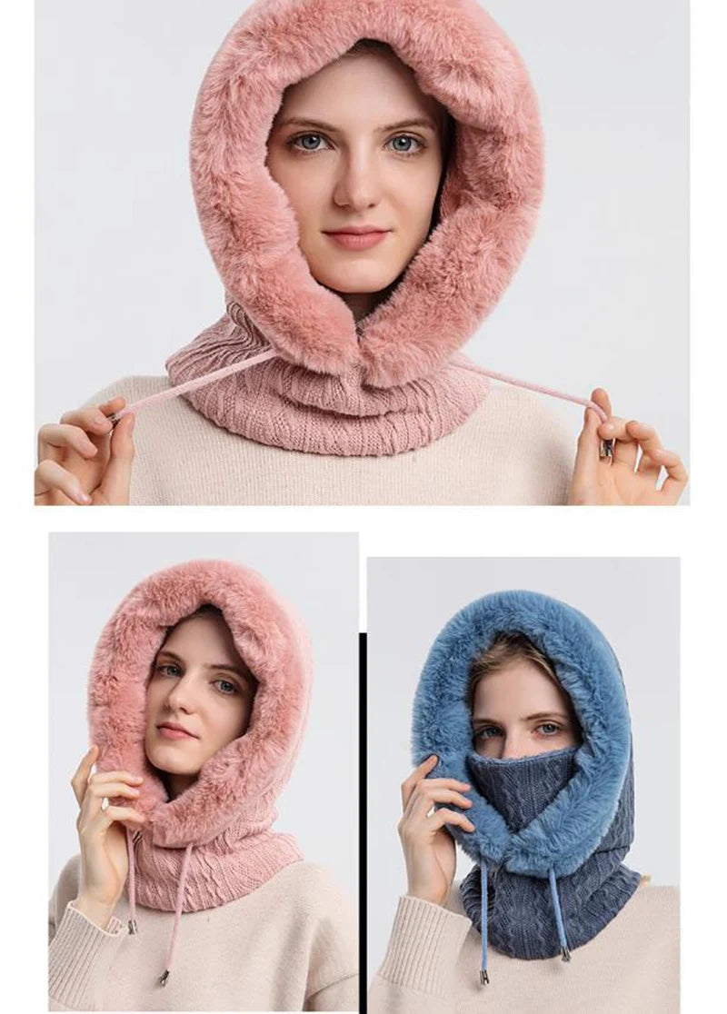 Winter Hat For Women Hooded Face Mask Fluff Keep Warm Thicken Style Neck Scarf Hooded Cap Beanie Knitted Cashmere Neck Warmer