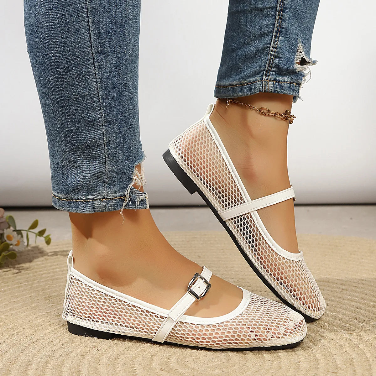 Women's Autumn Mesh Hollow Breathable Casual Ballet Flats 2026 New Solid Color Anti-Slip Comfortable Lightweight Low-top Shoes