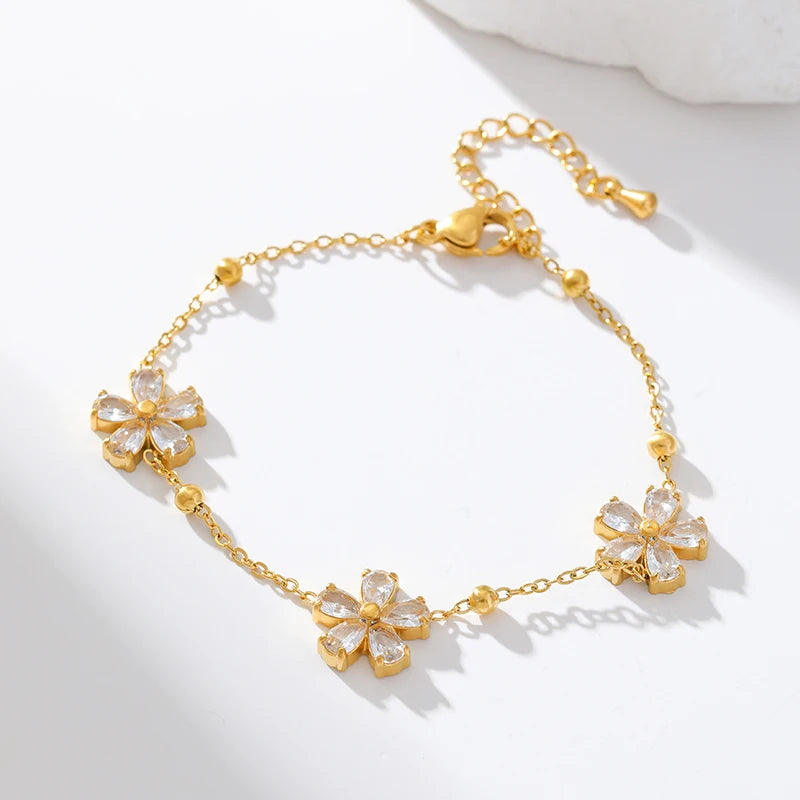 EILIECK 316L Stainless Steel White Zirconia Flower Petal Necklace Bracelet & Earrings Set for Women – Trendy Jewelry Party Gift