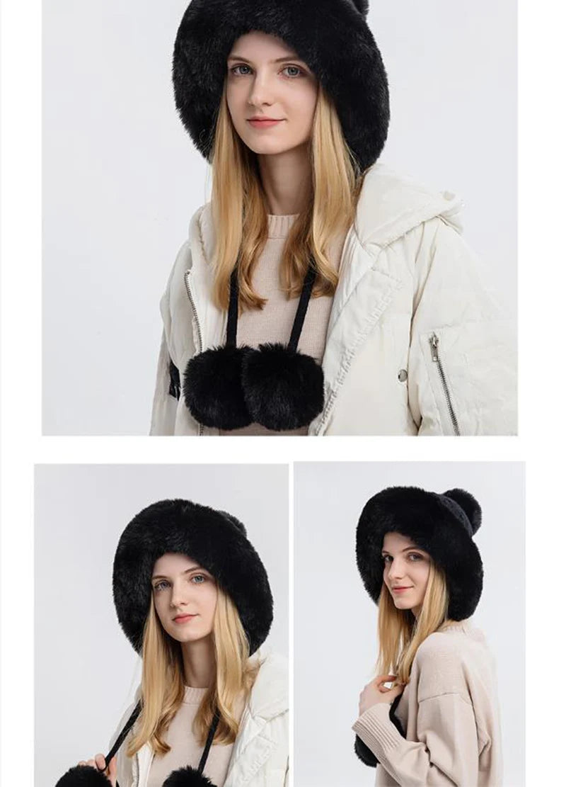 Winter Hat For Women Hooded Face Mask Fluff Keep Warm Thicken Style Neck Scarf Hooded Cap Beanie Knitted Cashmere Neck Warmer