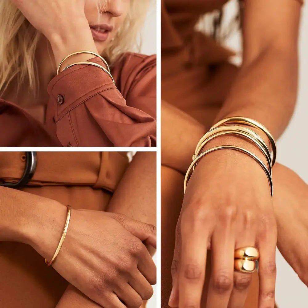 Fashionable Stainless-Steel Bracelet for Women – Round Minimalist Elegant Gold-Tone Bangle, Luxury Popular Jewelry Accessory