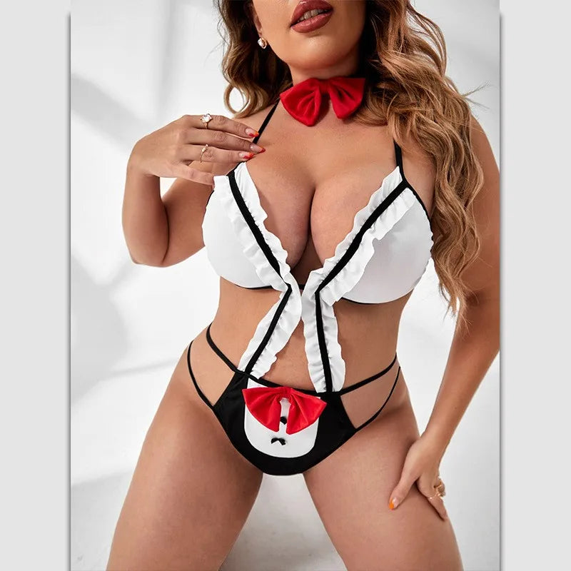 New Bow Halter Sexy Lingerie Set Pajama Fashion Backlesss Clothing Adult Crotchless Underwear Women Deep V Open Bra Porn Clothes