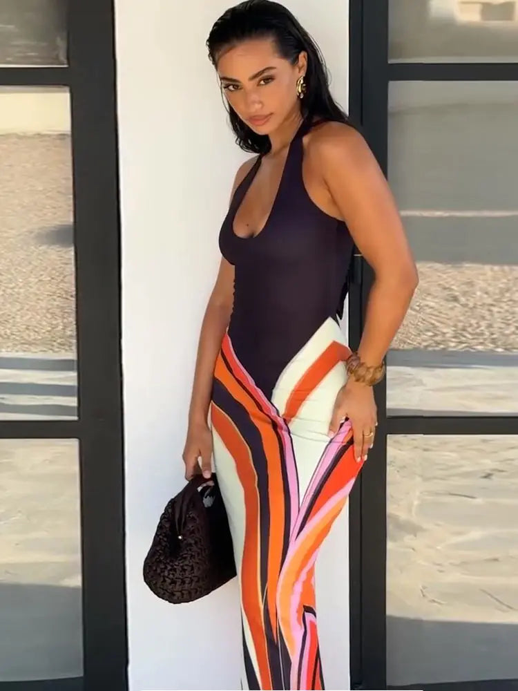 Women’s Sexy Printed Deep V-Neck Backless Maxi Dress