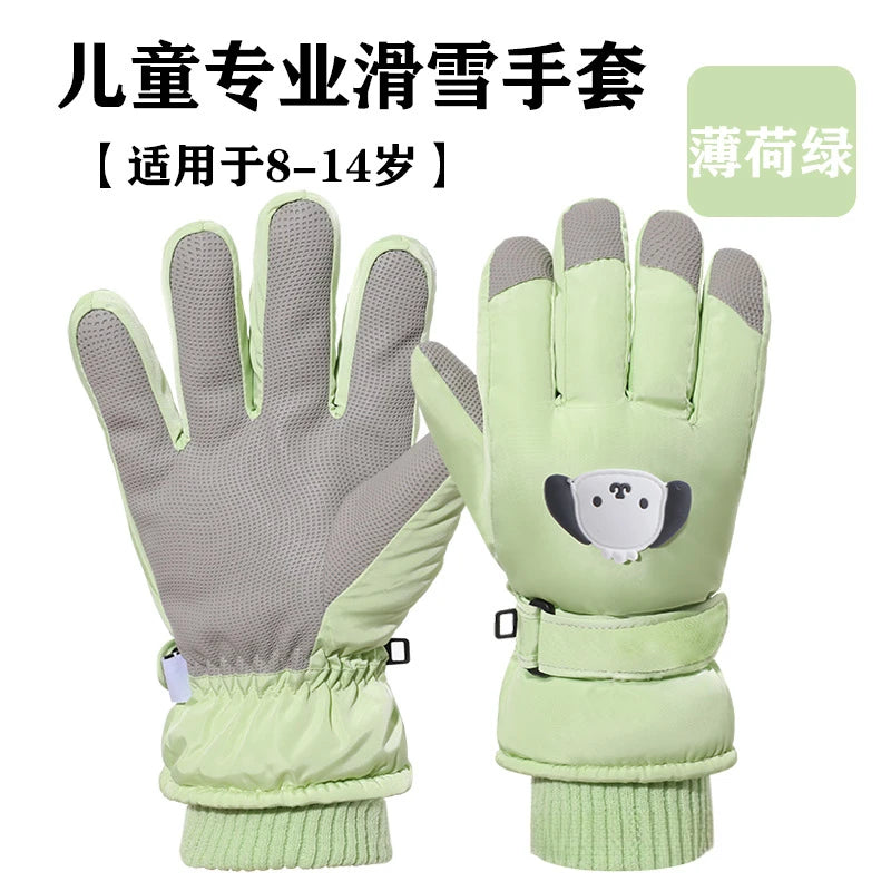 Kids Ski Gloves Boys Girls Winter Warm Fleece Lined Cotton Padded Thickened Anti-Slip Cute Snow Play Water Resistant Snowboard