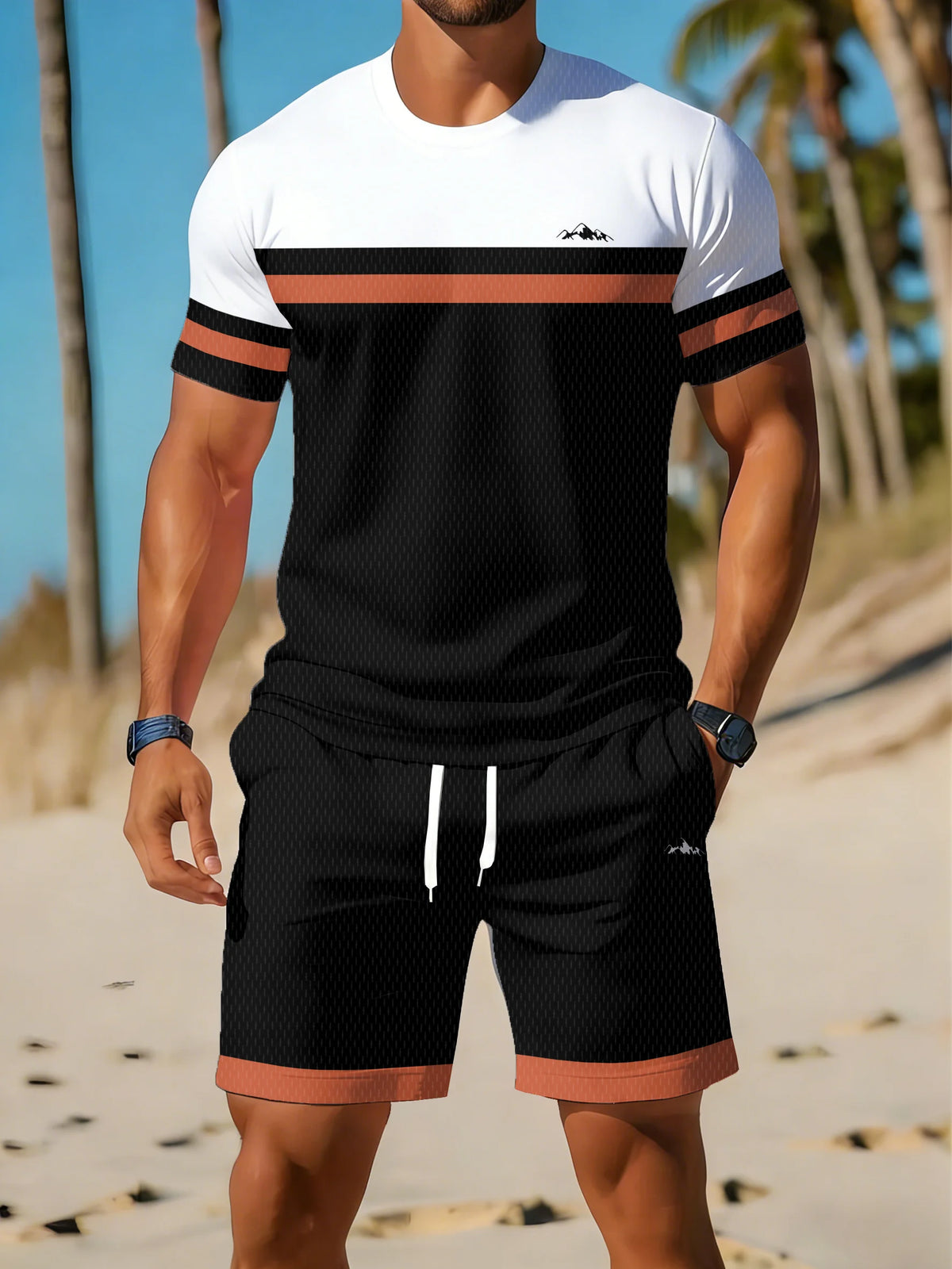Casual Holiday Beach Men's T-shirt And Shorts 2 Pieces Sets Summer Men's Suit Clothing Stripe Print Short Sleeve Tee Shorts Set