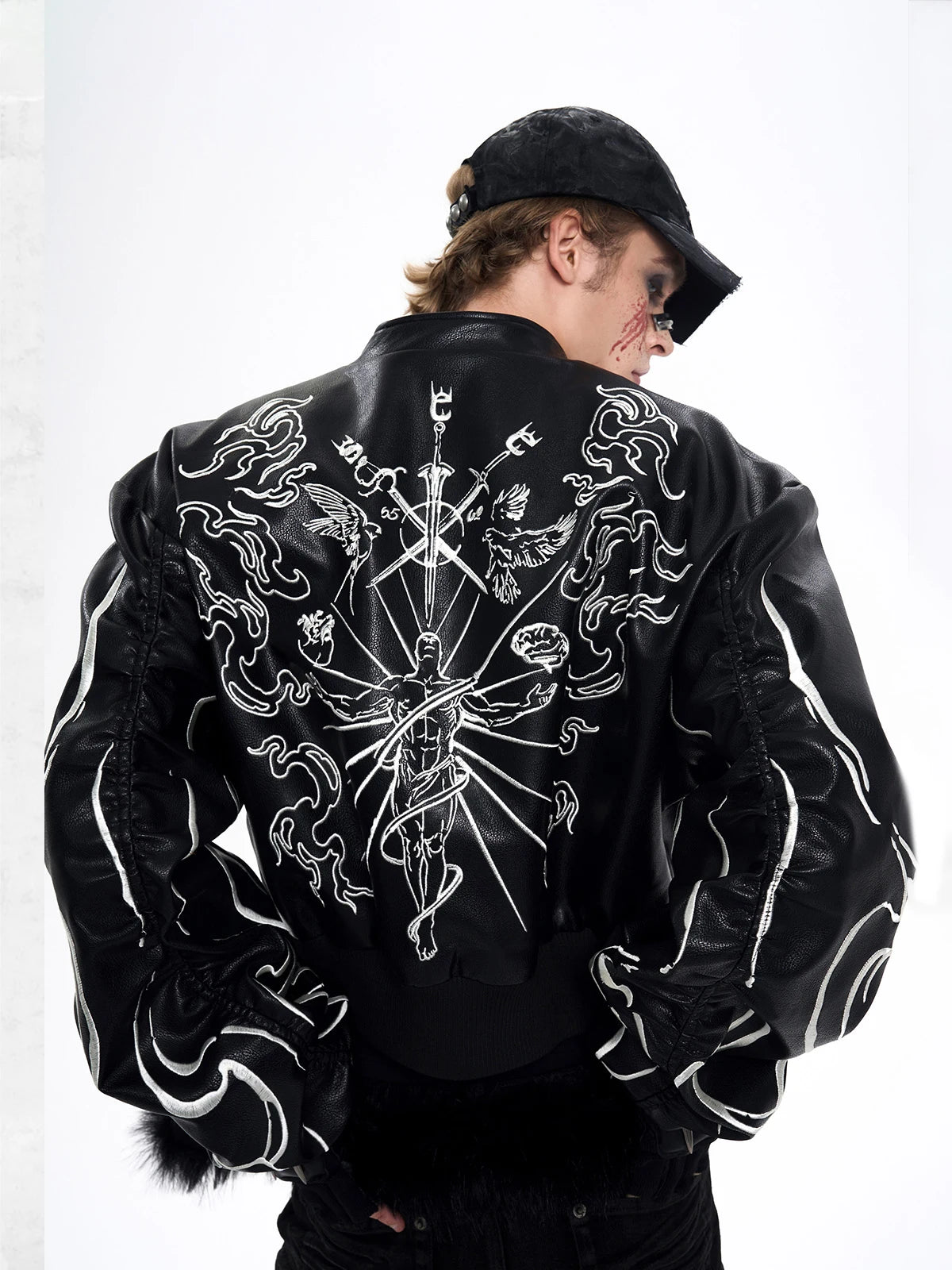 Mauroicardi Autumn Short Colorful Embroidery Pu Leather Racer Jacket Men Zipper Luxury Designer Emo Punk Style Clothes 2025