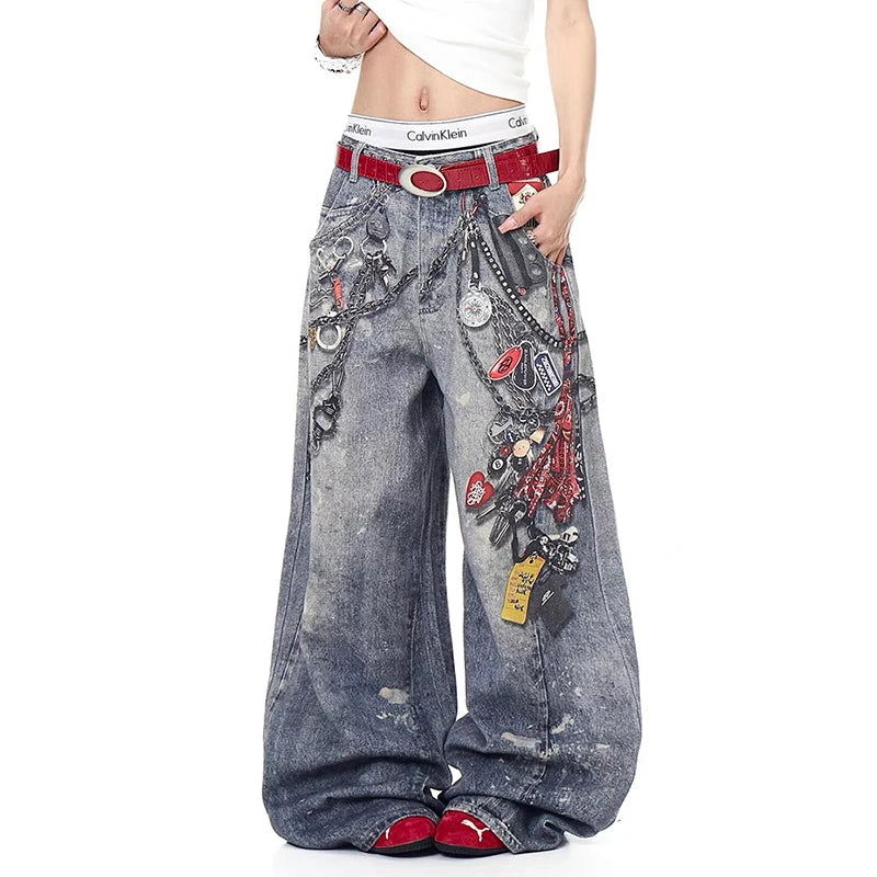 Autumn Korean Trendy Harajuku Streetwear Y2K Candy Chain 3D Printed Baggy Jeans Men's Hip-hop Retro Punk Straight Wide-leg Pants