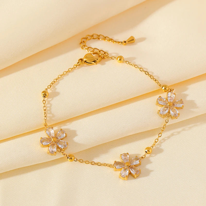 EILIECK 316L Stainless Steel White Zirconia Flower Petal Necklace Bracelet & Earrings Set for Women – Trendy Jewelry Party Gift