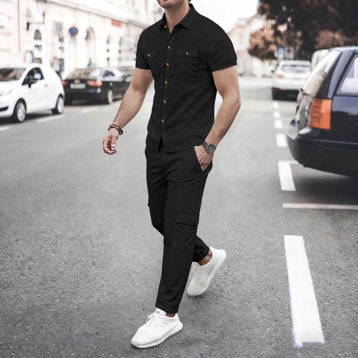 Men's Matching Sets: Waffle Knit 2PC Outfit & Light Coats, Short Sleeve Cargo Shirt & Drawstring Multi-Pkt Pants for Daily