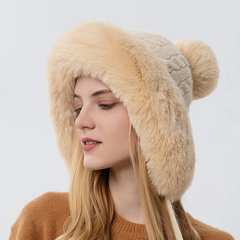 Winter Fluffy Fur Kintted Cap for Women Russian Lady Soft Warm Ear Protection Hats Female Outdoor Plush Coldproof Ball Beanies