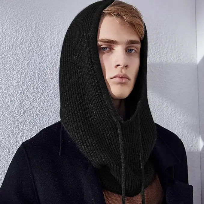 Knitted Hooded Scarf Hat Knit Balaclava Korean Outdoor Style Warm Hooded Scarf with Adjustable Drawstring